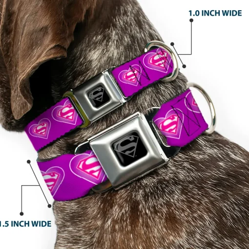 Superman Black Silver Seatbelt Buckle Collar - Superman Logo in Heart Purple/White/Pink