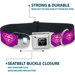 Superman Black Silver Seatbelt Buckle Collar - Superman Logo in Heart Purple/White/Pink