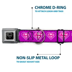 Superman Black Silver Seatbelt Buckle Collar - Superman Logo in Heart Purple/White/Pink