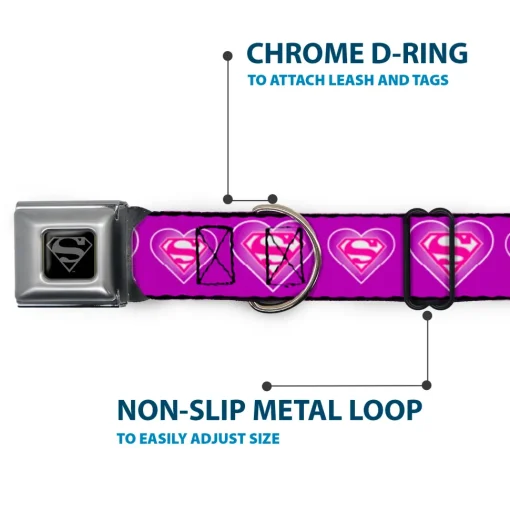 Superman Black Silver Seatbelt Buckle Collar - Superman Logo in Heart Purple/White/Pink