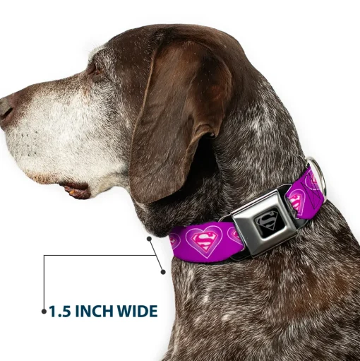 Superman Black Silver Seatbelt Buckle Collar - Superman Logo in Heart Purple/White/Pink