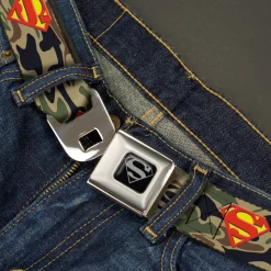 Superman Black Silver Seatbelt Belt - Superman Shield Camo Olive Webbing