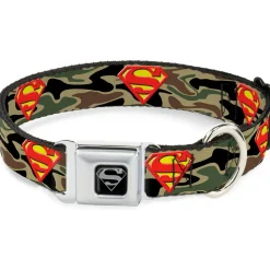 Superman Black Silver Seatbelt Buckle Collar - Superman Shield Camo Olive