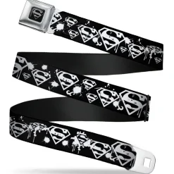 Superman Black Silver Seatbelt Belt - Superman Shield Splatter Black/White Webbing