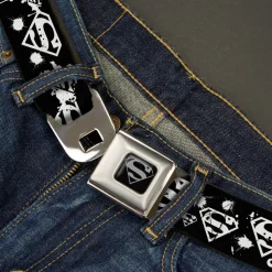 Superman Black Silver Seatbelt Belt - Superman Shield Splatter Black/White Webbing