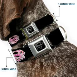 Superman Black Silver Seatbelt Buckle Collar - Super Shield Hibiscus Design Black/Pink