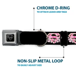 Superman Black Silver Seatbelt Buckle Collar - Super Shield Hibiscus Design Black/Pink
