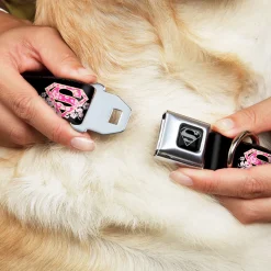 Superman Black Silver Seatbelt Buckle Collar - Super Shield Hibiscus Design Black/Pink