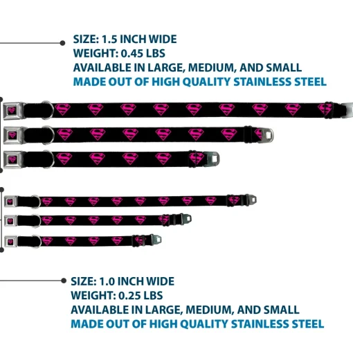 Superman Black/Hot Pink Seatbelt Buckle Collar - Superman Shield Black/Hot Pink