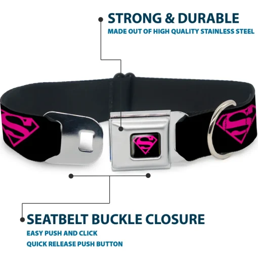 Superman Black/Hot Pink Seatbelt Buckle Collar - Superman Shield Black/Hot Pink