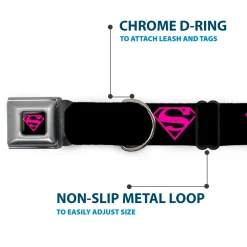 Superman Black/Hot Pink Seatbelt Buckle Collar - Superman Shield Black/Hot Pink