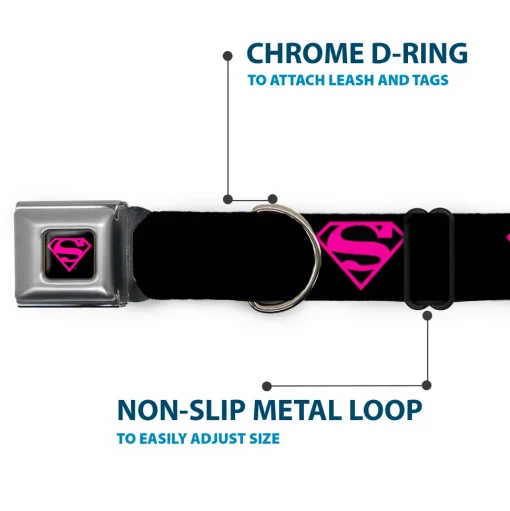 Superman Black/Hot Pink Seatbelt Buckle Collar - Superman Shield Black/Hot Pink