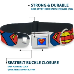 Superman Blue Seatbelt Buckle Collar - Superman Shield CLOSE-UP Blue/Red/Yellow
