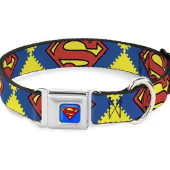Superman Blue Seatbelt Buckle Collar - Jagged Superman Shield CLOSE-UP Yellow/Blue/Red