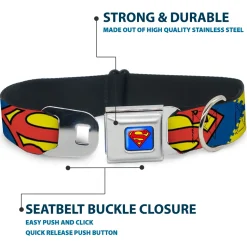 Superman Blue Seatbelt Buckle Collar - Jagged Superman Shield CLOSE-UP Yellow/Blue/Red
