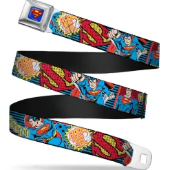 Superman Full Color Blue Seatbelt Belt - Superman Logo/Poses/Action Bubbles Pop Collage Blue/Black Webbing