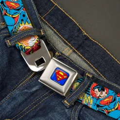 Superman Full Color Blue Seatbelt Belt - Superman Logo/Poses/Action Bubbles Pop Collage Blue/Black Webbing