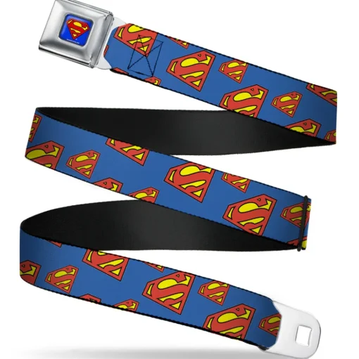 Superman Full Color Blue Seatbelt Belt - Super Shield Diagonal Royal Blue/Red Webbing