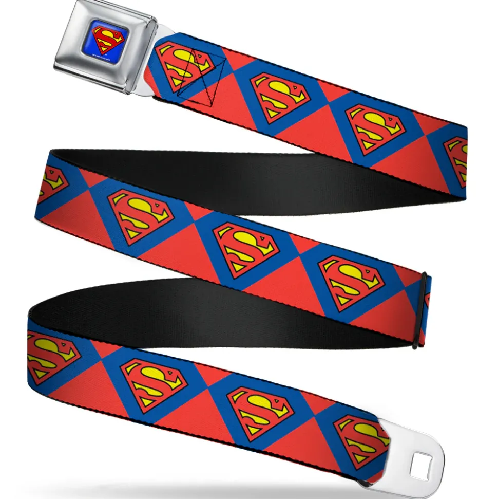 Superman Full Color Blue Seatbelt Belt - Superman Shield Diamond Outline Red/Blue/Yellow Webbing