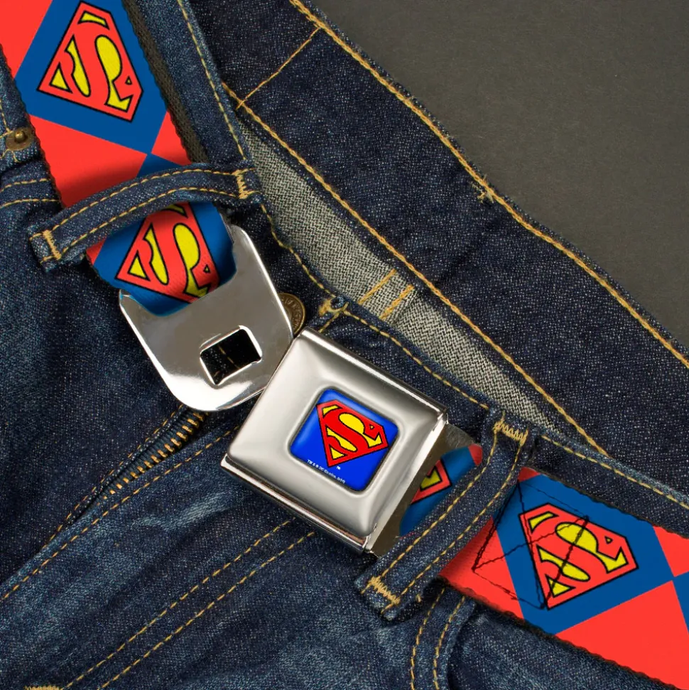 Superman Full Color Blue Seatbelt Belt - Superman Shield Diamond Outline Red/Blue/Yellow Webbing