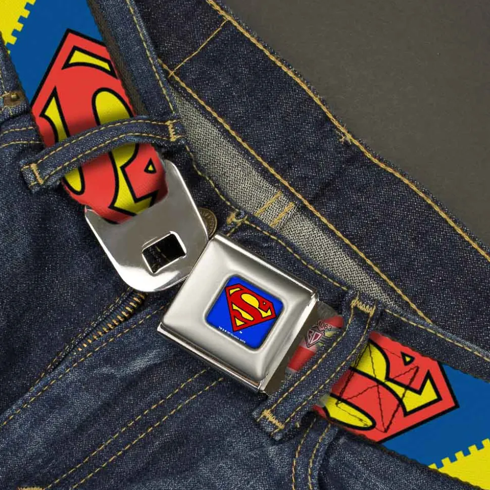 Superman Full Color Blue Seatbelt Belt - Jagged Superman Shield CLOSE-UP Yellow/Blue/Red Webbing
