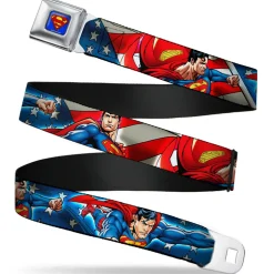 Superman Full Color Blue Seatbelt Belt - Superman Action Poses/Stars & Stripes Webbing