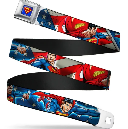 Superman Full Color Blue Seatbelt Belt - Superman Action Poses/Stars & Stripes Webbing