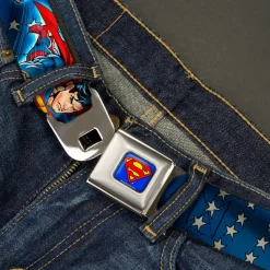 Superman Full Color Blue Seatbelt Belt - Superman Action Poses/Stars & Stripes Webbing