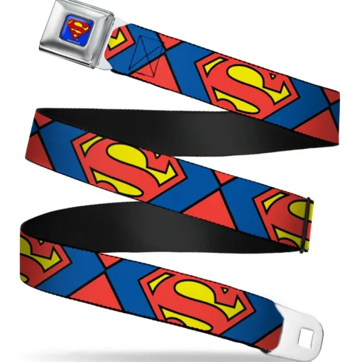 Superman Full Color Blue Seatbelt Belt - Superman Shield CLOSE-UP Blue/Red/Yellow Webbing