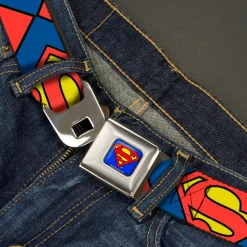 Superman Full Color Blue Seatbelt Belt - Superman Shield CLOSE-UP Blue/Red/Yellow Webbing