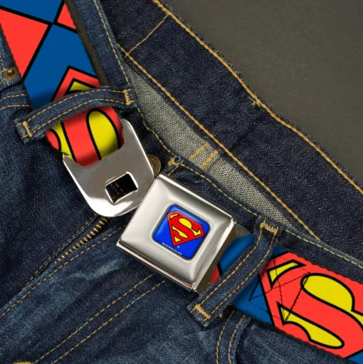 Superman Full Color Blue Seatbelt Belt - Superman Shield CLOSE-UP Blue/Red/Yellow Webbing