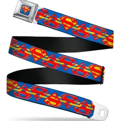 Superman Full Color Blue Seatbelt Belt - Superman Chained Shield Logo Flip Blue/Red/Yellow Webbing