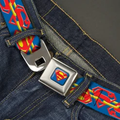 Superman Full Color Blue Seatbelt Belt - Superman Chained Shield Logo Flip Blue/Red/Yellow Webbing
