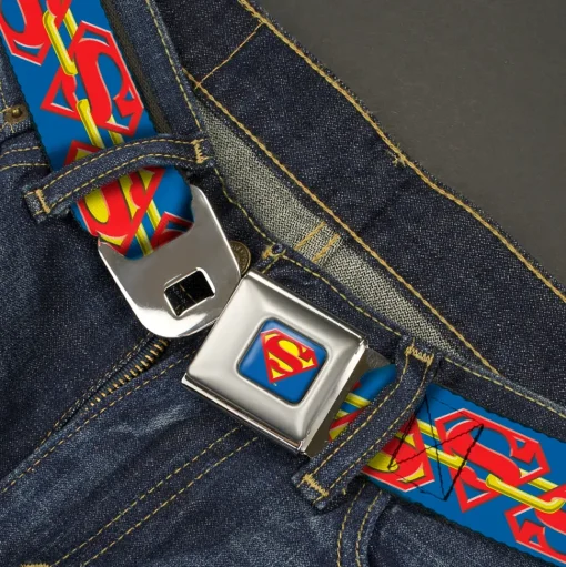 Superman Full Color Blue Seatbelt Belt - Superman Chained Shield Logo Flip Blue/Red/Yellow Webbing