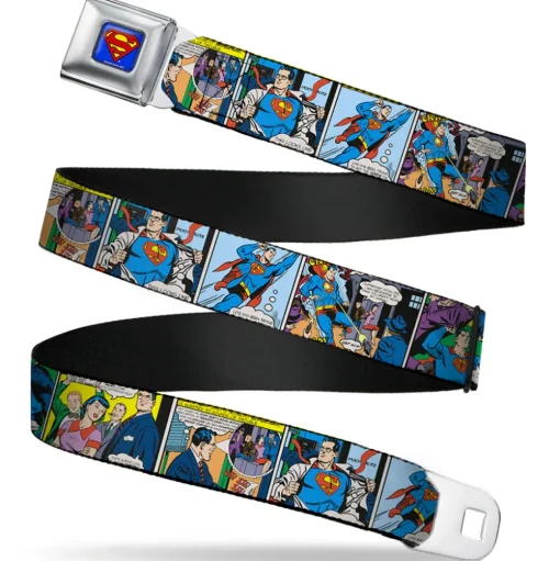 Superman Full Color Blue Seatbelt Belt - Superman Comic Panels Webbing