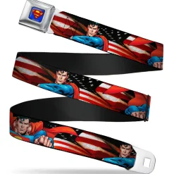 Superman Full Color Blue Seatbelt Belt - Superman Poses/American Flag Webbing