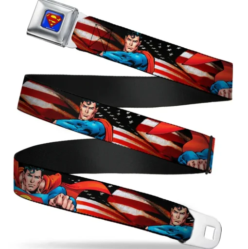 Superman Full Color Blue Seatbelt Belt - Superman Poses/American Flag Webbing