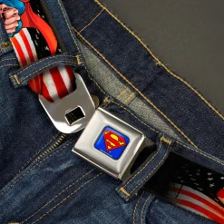 Superman Full Color Blue Seatbelt Belt - Superman Poses/American Flag Webbing