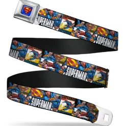 Superman Full Color Blue Seatbelt Belt - SUPERMAN Action Blocks White Webbing