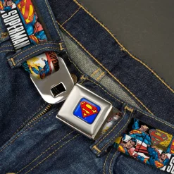 Superman Full Color Blue Seatbelt Belt - SUPERMAN Action Blocks White Webbing