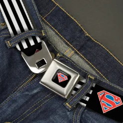 Superman Shield Full Color Black/White/Red/Blue Seatbelt Belt - Superman Shield Flip Americana Stripes Black/White/Red/Blue Webbing