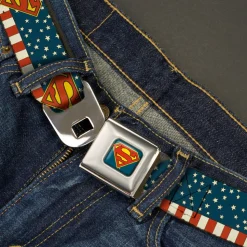 Superman Shield Full Color Americana Blue Seatbelt Belt - Superman Shield Americana Red/White/Blue/Yellow Webbing