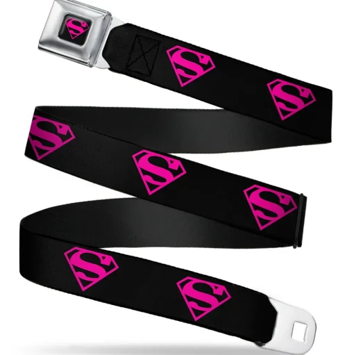 Superman Shield Full Color Black Hot Pink Seatbelt Belt - Superman Shield Black/Hot Pink Webbing