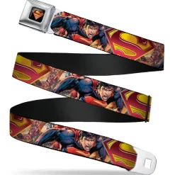 Superman Shield Full Color Black Golds Reds White Seatbelt Belt - Superman Unchained Explosion Action Pose/Wraith/Shield Golds/Reds Webbing
