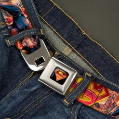 Superman Shield Full Color Black Golds Reds White Seatbelt Belt - Superman Unchained Explosion Action Pose/Wraith/Shield Golds/Reds Webbing