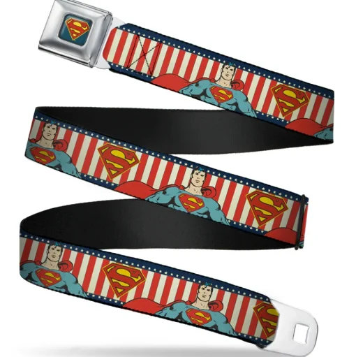 Superman Shield Full Color Americana Blue Seatbelt Belt - Superman Pose/Shield Americana Blue/White/Red/White Webbing