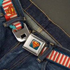 Superman Shield Full Color Americana Blue Seatbelt Belt - Superman Pose/Shield Americana Blue/White/Red/White Webbing