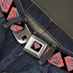 Superman Shield Full Color Black/White/Red/Blue Seatbelt Belt - Superman Shield Flip Americana Black/White/Red/Blue Webbing