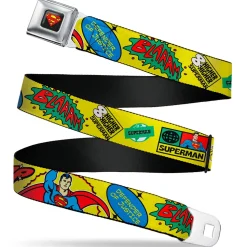 Superman Shield Logo Full Color Black Seatbelt Belt - SUPERMAN Pose Quotes and Icons Collage Yellow/Multi Color Webbing