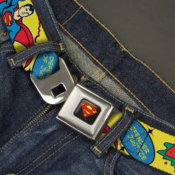 Superman Shield Logo Full Color Black Seatbelt Belt - SUPERMAN Pose Quotes and Icons Collage Yellow/Multi Color Webbing